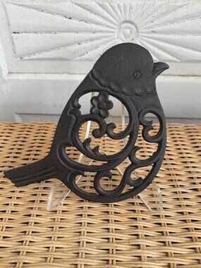 Vintage 90's Cast Iron Floral Bird Trivet Hot Plate French Cottage Decor